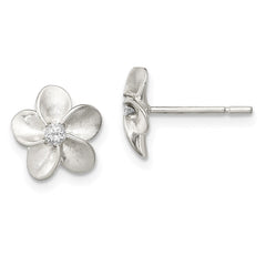 QE8633 Sterling Silver Polished & Satin CZ Flower Post Earrings