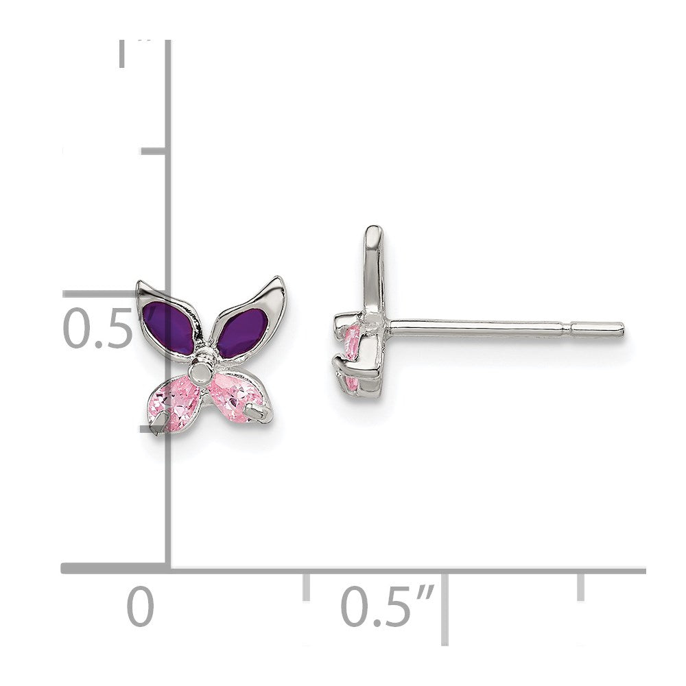 QE8639 Sterling Silver Pink CZ & Purple Enamel Butterfly Children's Post Earrings