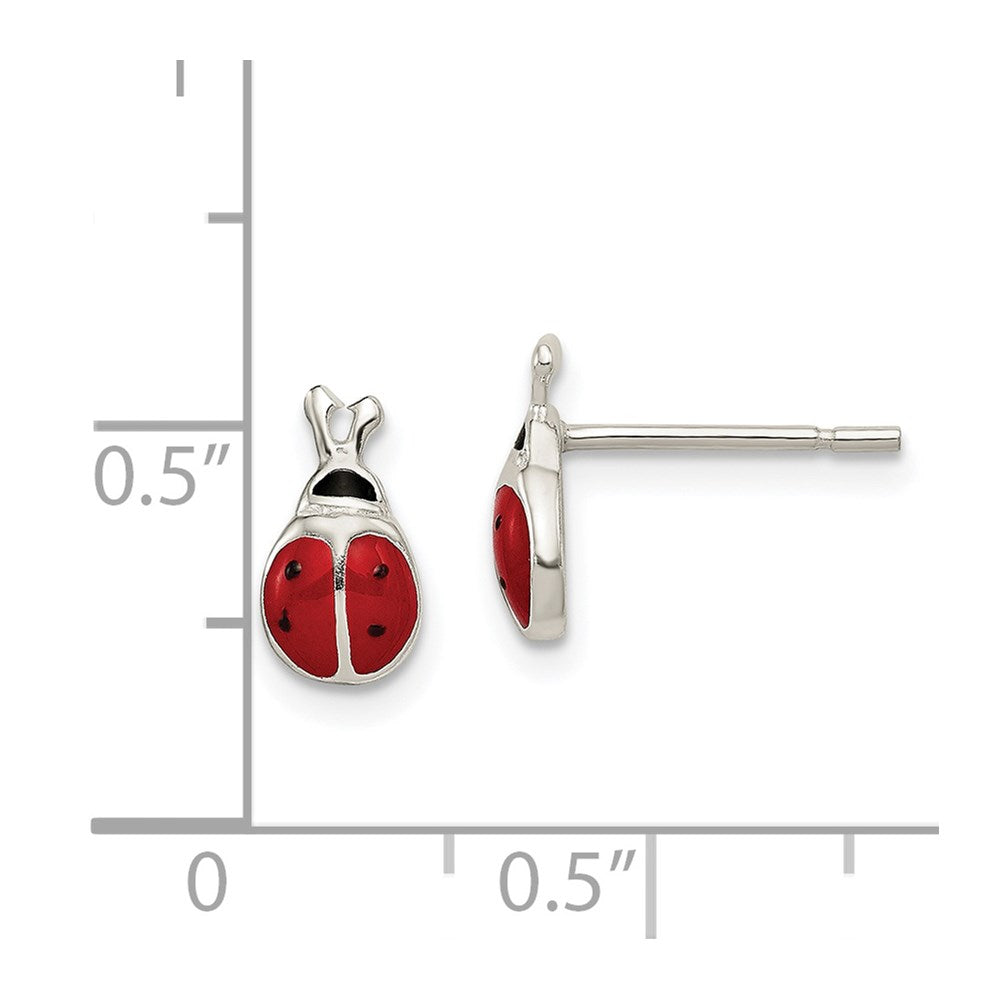 QE8641 Sterling Silver Polished Red/Black Enameled Ladybug Post Earrings
