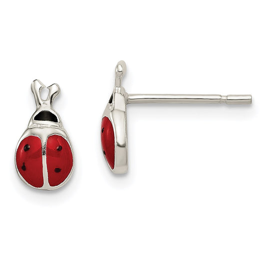 QE8641 Sterling Silver Polished Red/Black Enameled Ladybug Post Earrings
