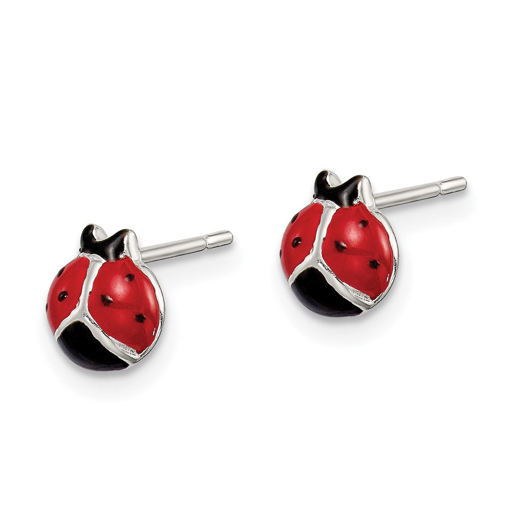 QE8642 Sterling Silver Polished Red/Black Enameled Ladybug Post Earrings