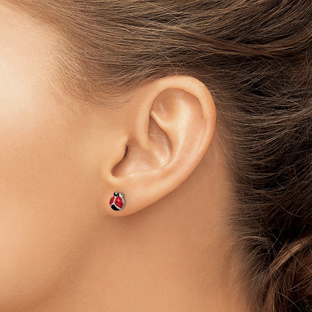 QE8642 Sterling Silver Polished Red/Black Enameled Ladybug Post Earrings