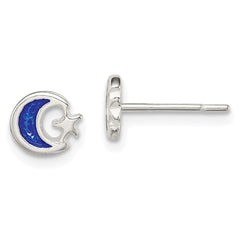 QE8643 Sterling Silver Polished Blue Enamel Moon & Star Children's Post Earrings
