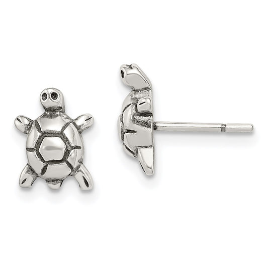 QE8667 Sterling Silver Polished & Antiqued Turtle Post Earrings