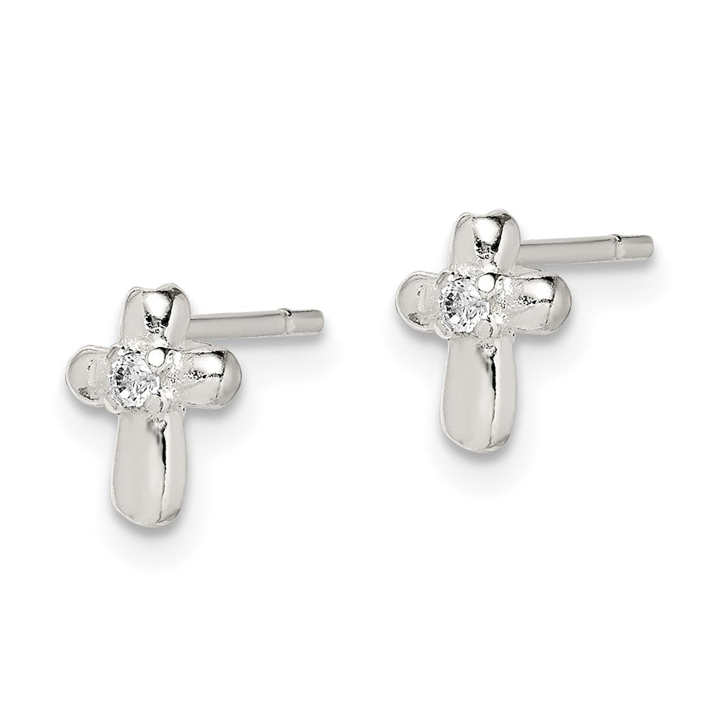 QE8683 Sterling Silver Polished Cross with CZ Post Earrings