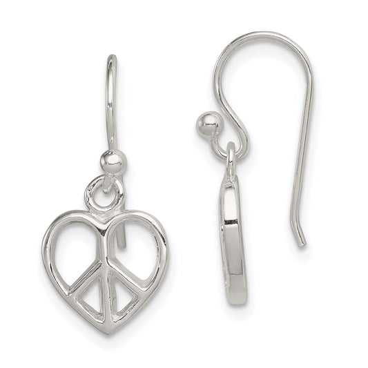 QE8792 Sterling Silver Peace Sign Heart Shepherd Hook Earrings