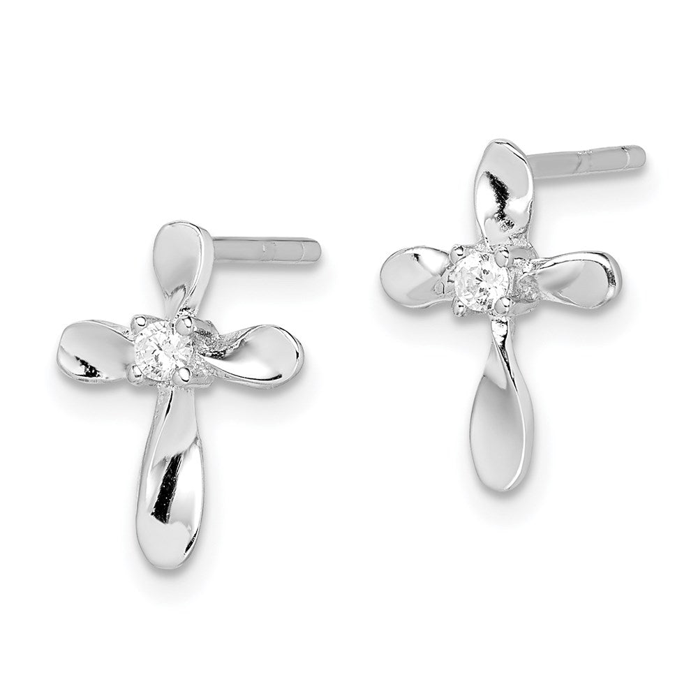 QE8813 Sterling Silver Rhodium-plated Polished CZ Cross Post Earrings