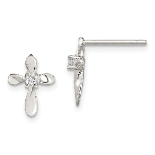 QE8813 Sterling Silver Rhodium-plated Polished CZ Cross Post Earrings