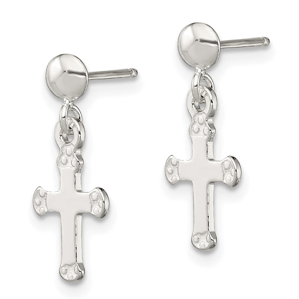 QE8815 Sterling Silver Polished Budded Cross Post Dangle Earrings