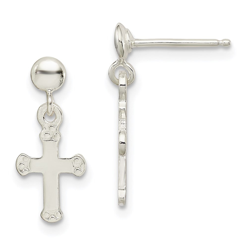 QE8815 Sterling Silver Polished Budded Cross Post Dangle Earrings
