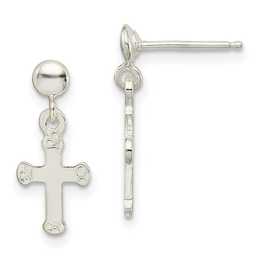 QE8815 Sterling Silver Polished Budded Cross Post Dangle Earrings