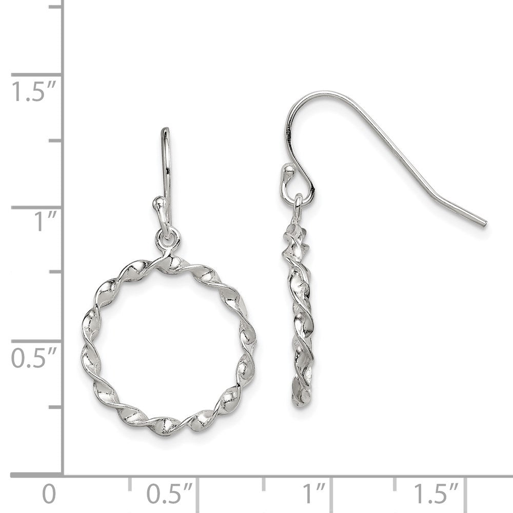 QE8880 Sterling Silver Polished & Twisted Circle Dangle Shepherd Hook Earrings