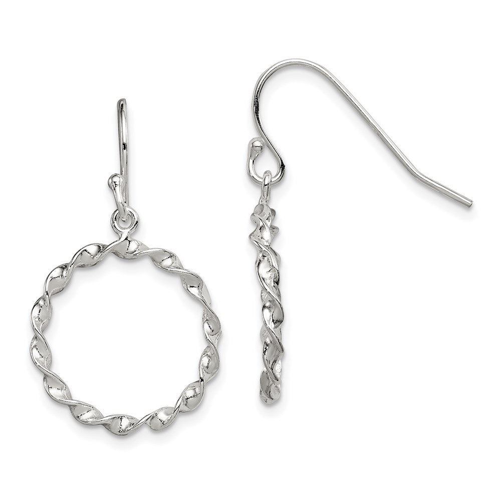 QE8880 Sterling Silver Polished & Twisted Circle Dangle Shepherd Hook Earrings