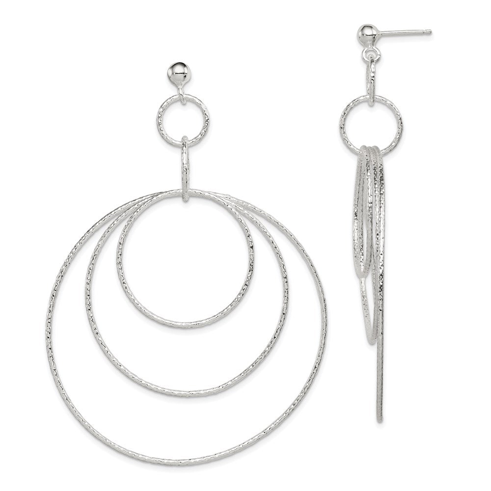 QE8888 Sterling Silver Polished & Textured Large Circles Post Dangle Earrings