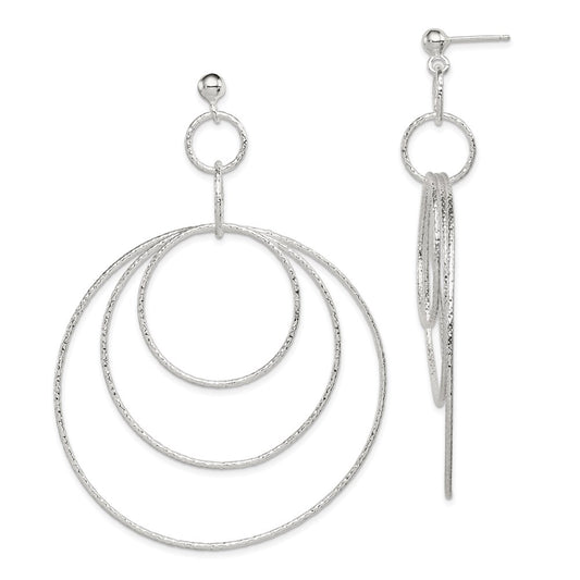QE8888 Sterling Silver Polished & Textured Large Circles Post Dangle Earrings