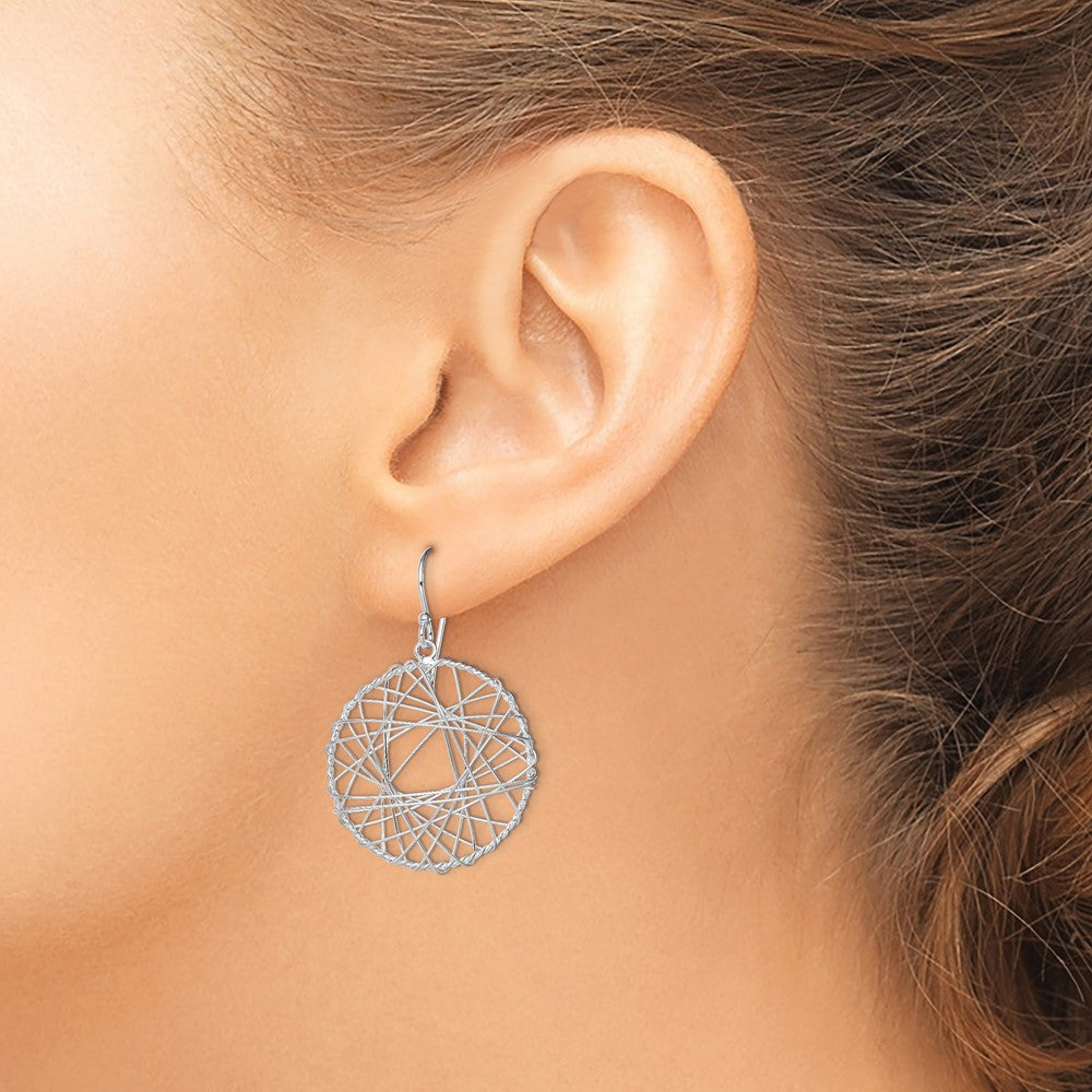QE8923 Sterling Silver Rhodium-plated Textured Wrapped Wire Circle Dangle Earrings