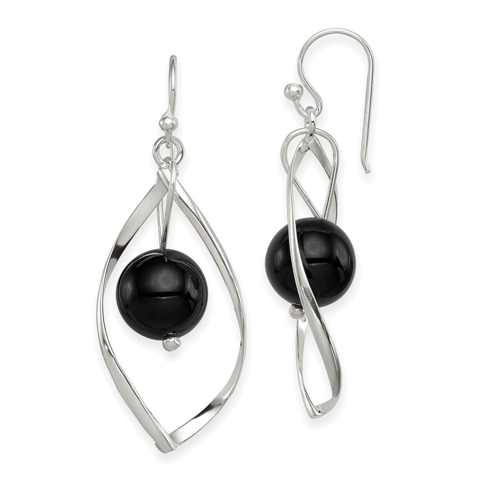 QE8958 Sterling Silver Polished Onyx Twisted Dangle Earrings
