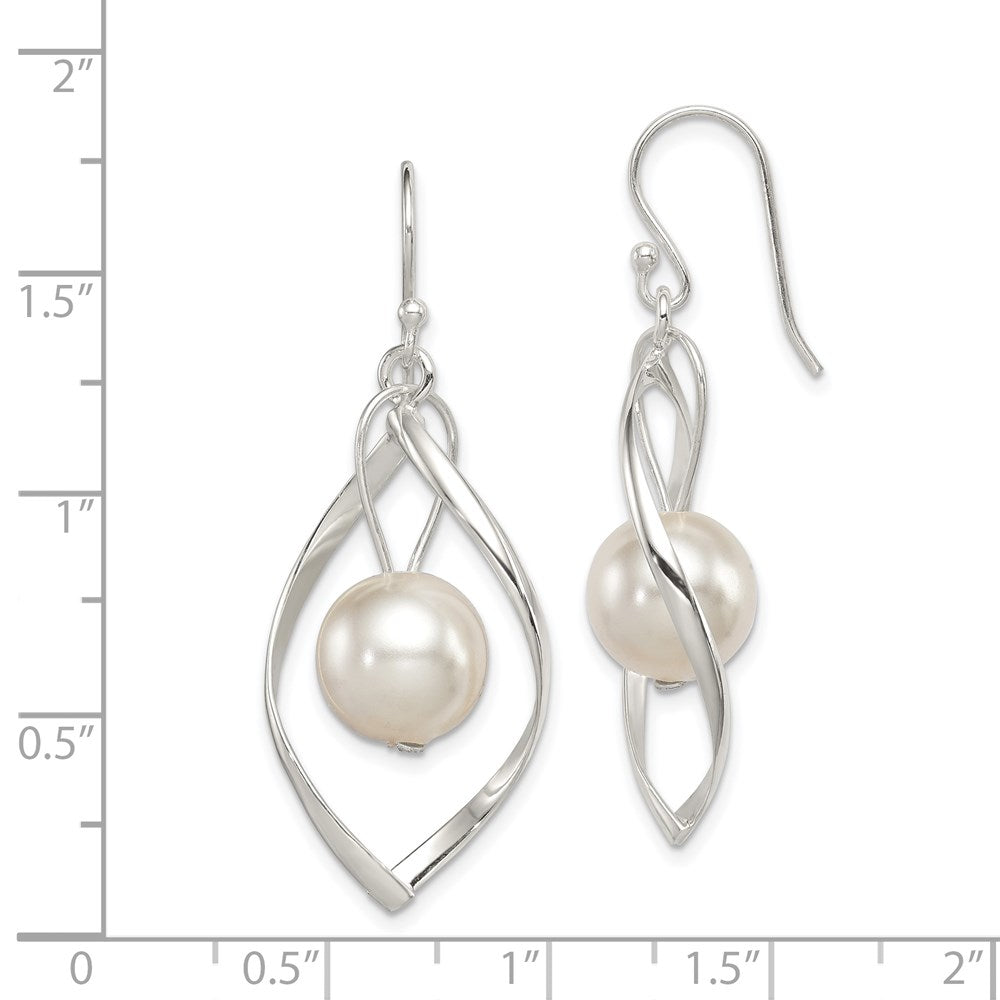 QE8960 Sterling Silver Polished Simulated Pearl Twisted Dangle Earrings