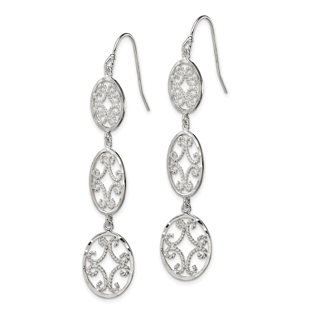 QE9002 Sterling Silver Polished Diamond-cut Filigree Triple Oval Dangle Earrings