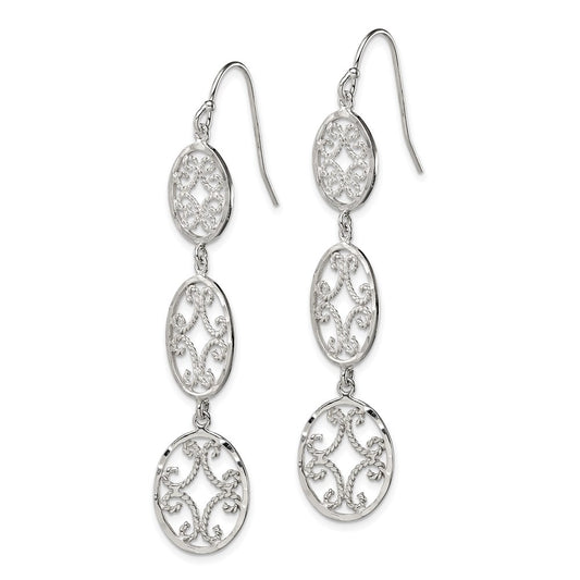 QE9002 Sterling Silver Polished Diamond-cut Filigree Triple Oval Dangle Earrings