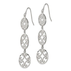 QE9002 Sterling Silver Polished Diamond-cut Filigree Triple Oval Dangle Earrings