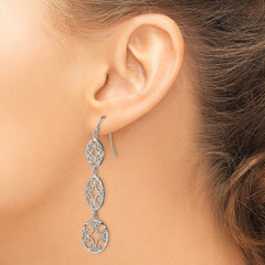 QE9002 Sterling Silver Polished Diamond-cut Filigree Triple Oval Dangle Earrings