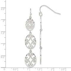 QE9002 Sterling Silver Polished Diamond-cut Filigree Triple Oval Dangle Earrings