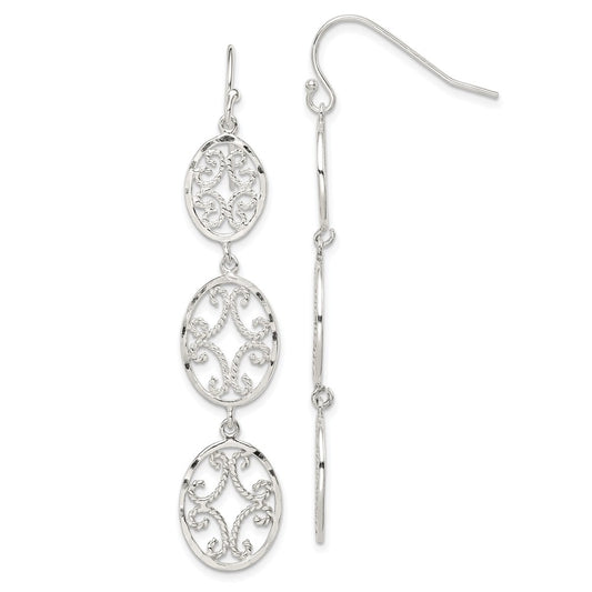 QE9002 Sterling Silver Polished Diamond-cut Filigree Triple Oval Dangle Earrings