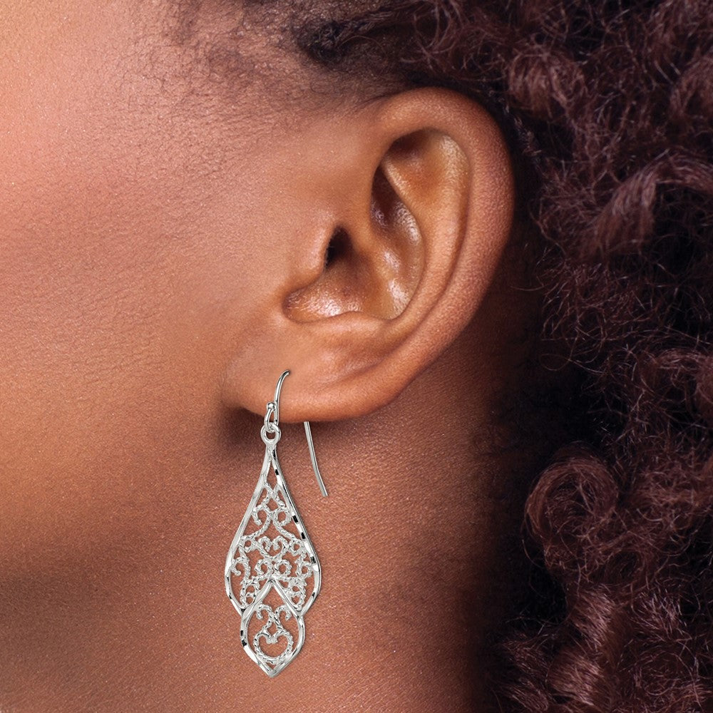 QE9004 Sterling Silver Polished & Diamond-cut Fancy Filigree Dangle Earrings