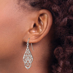 QE9004 Sterling Silver Polished & Diamond-cut Fancy Filigree Dangle Earrings