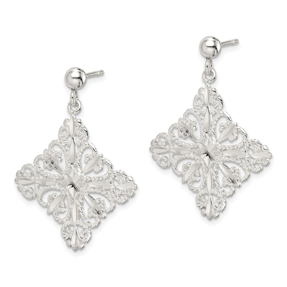 QE9005 Sterling Silver Polished & Diamond-cut Filigree Square Post Dangle Earrings