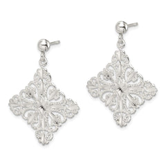 QE9005 Sterling Silver Polished & Diamond-cut Filigree Square Post Dangle Earrings