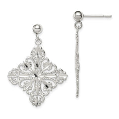 QE9005 Sterling Silver Polished & Diamond-cut Filigree Square Post Dangle Earrings