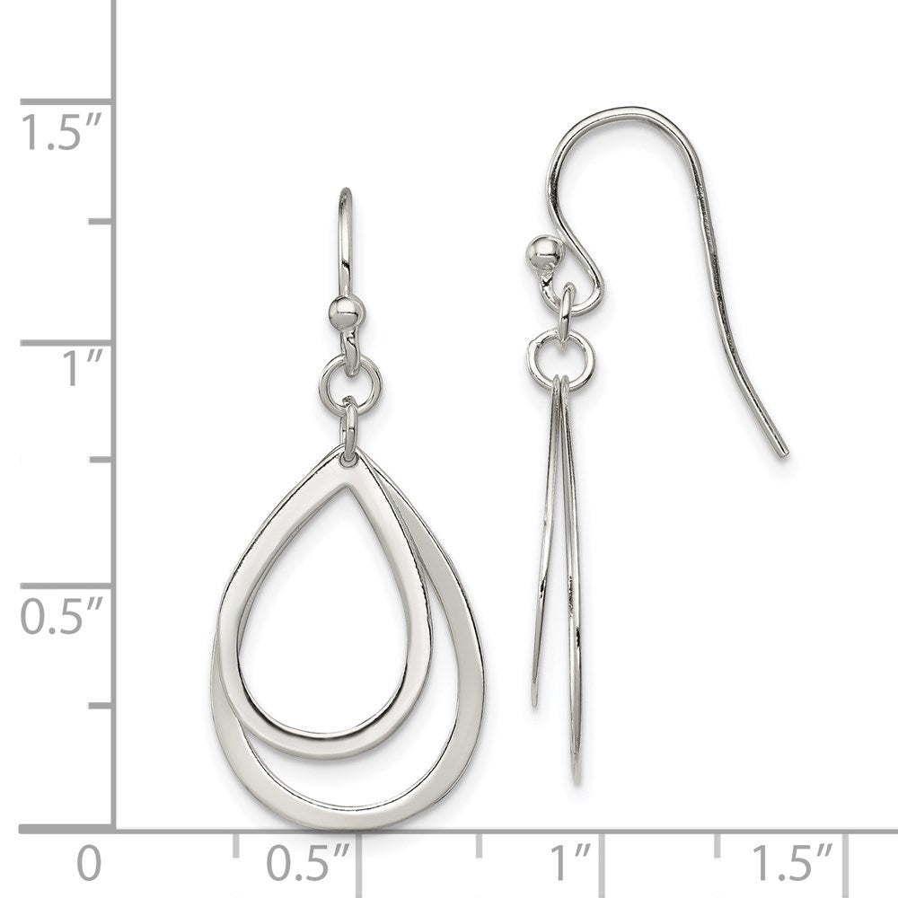QE9063 Sterling Silver Polished Double Teardrop Dangle Shepherd Hook Earrings