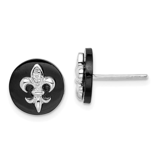 QE9089 Sterling Silver Rhodium-plated CZ Fleur de Lis Onyx Circle Stud Earrings