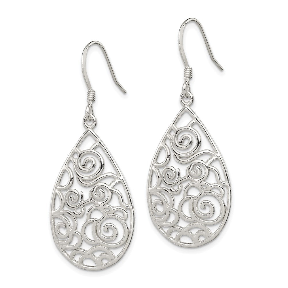 QE9097 Sterling Silver Polished Fancy Filigree Teardrop Dangle Earrings