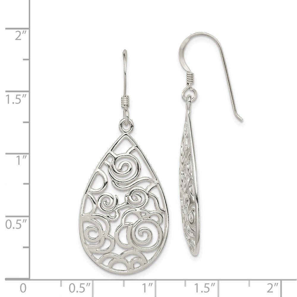 QE9097 Sterling Silver Polished Fancy Filigree Teardrop Dangle Earrings