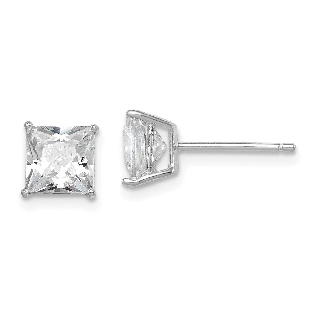 QE9103 Sterling Silver Rhodium-plated Polished Square 6mm CZ Stud Earrings