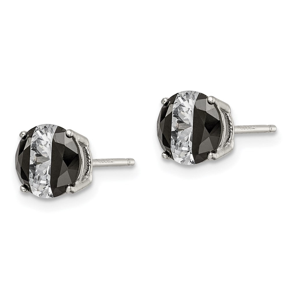 QE9109 Sterling Silver RH-pltd Black/White 7mm Round CZ Basket Set Stud Earrings