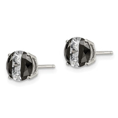 QE9109 Sterling Silver RH-pltd Black/White 7mm Round CZ Basket Set Stud Earrings