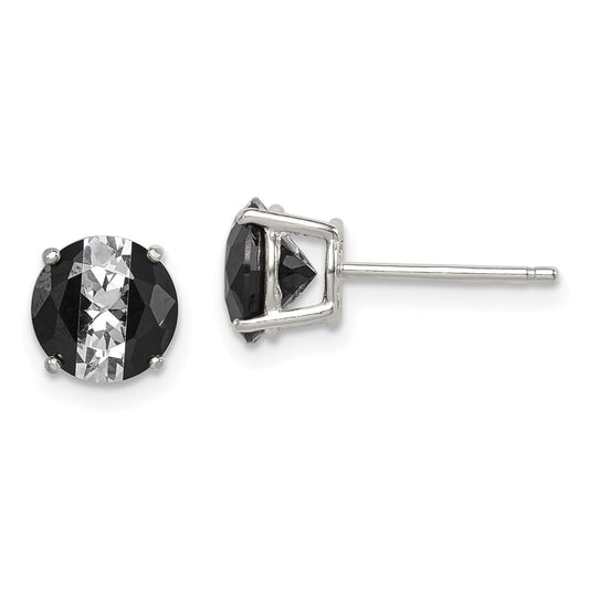 QE9109 Sterling Silver RH-pltd Black/White 7mm Round CZ Basket Set Stud Earrings