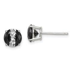 QE9109 Sterling Silver RH-pltd Black/White 7mm Round CZ Basket Set Stud Earrings