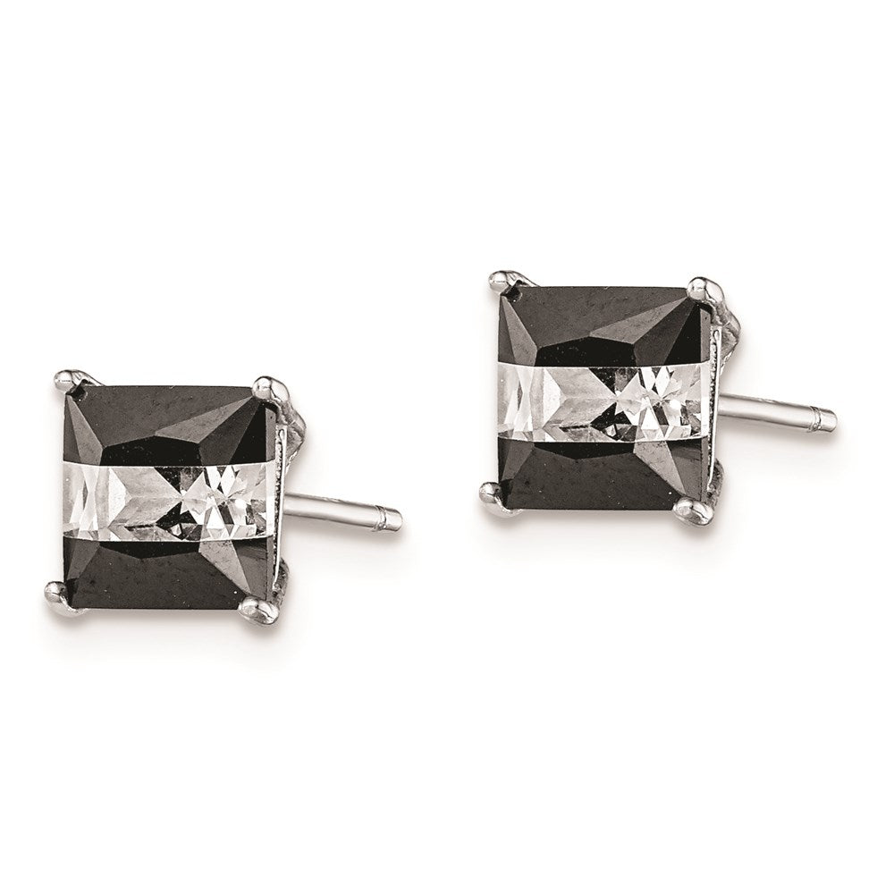 QE9112 Sterling Silver RH-plated Black & White Square 6mm CZ Stud Earrings