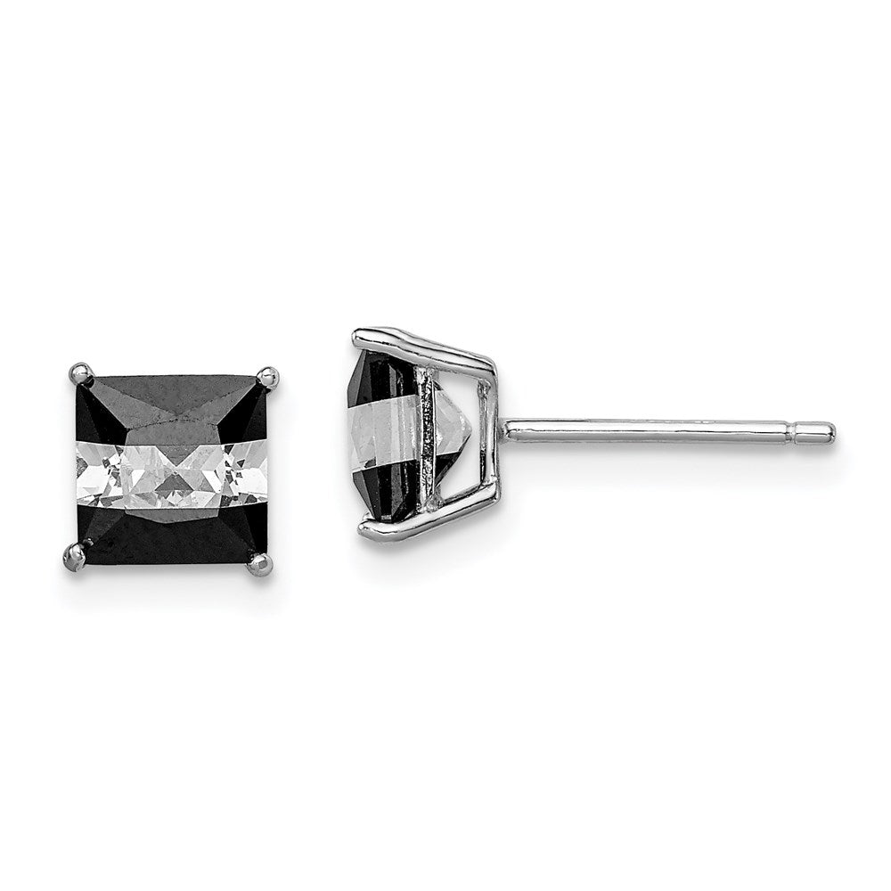 QE9112 Sterling Silver RH-plated Black & White Square 6mm CZ Stud Earrings