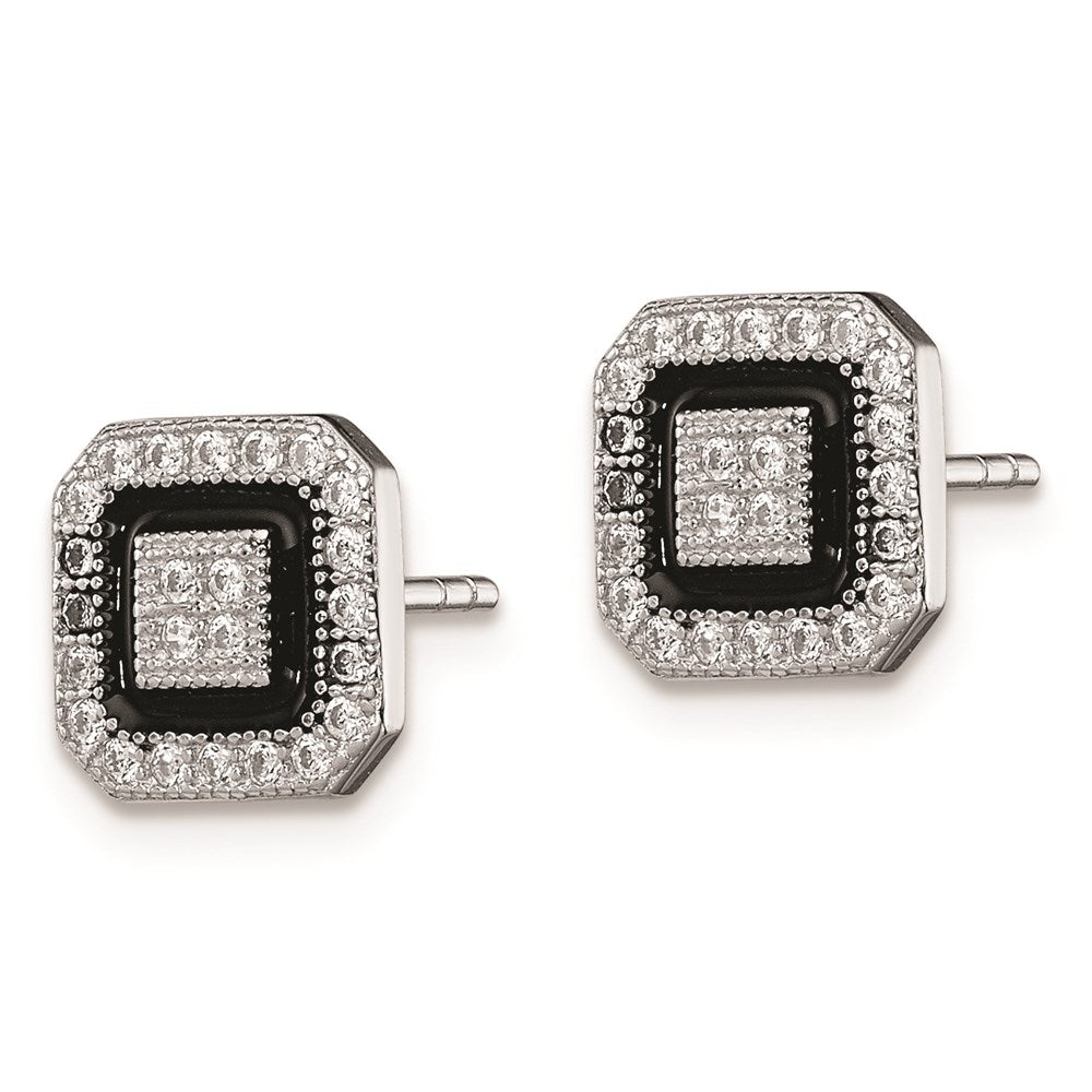 QE9117 Sterling Silver RH-plated Black Enamel & Pav������ CZ Square Halo Post Earrings