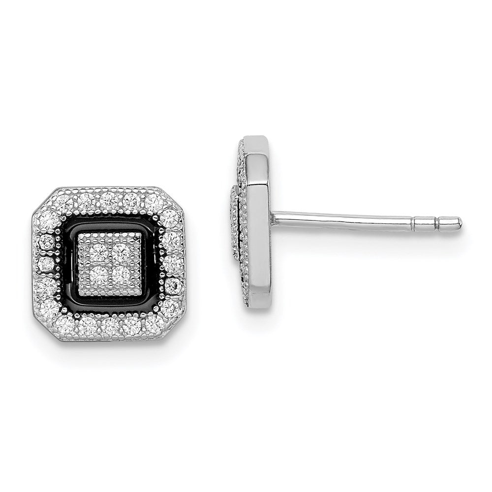 QE9117 Sterling Silver RH-plated Black Enamel & Pav������ CZ Square Halo Post Earrings