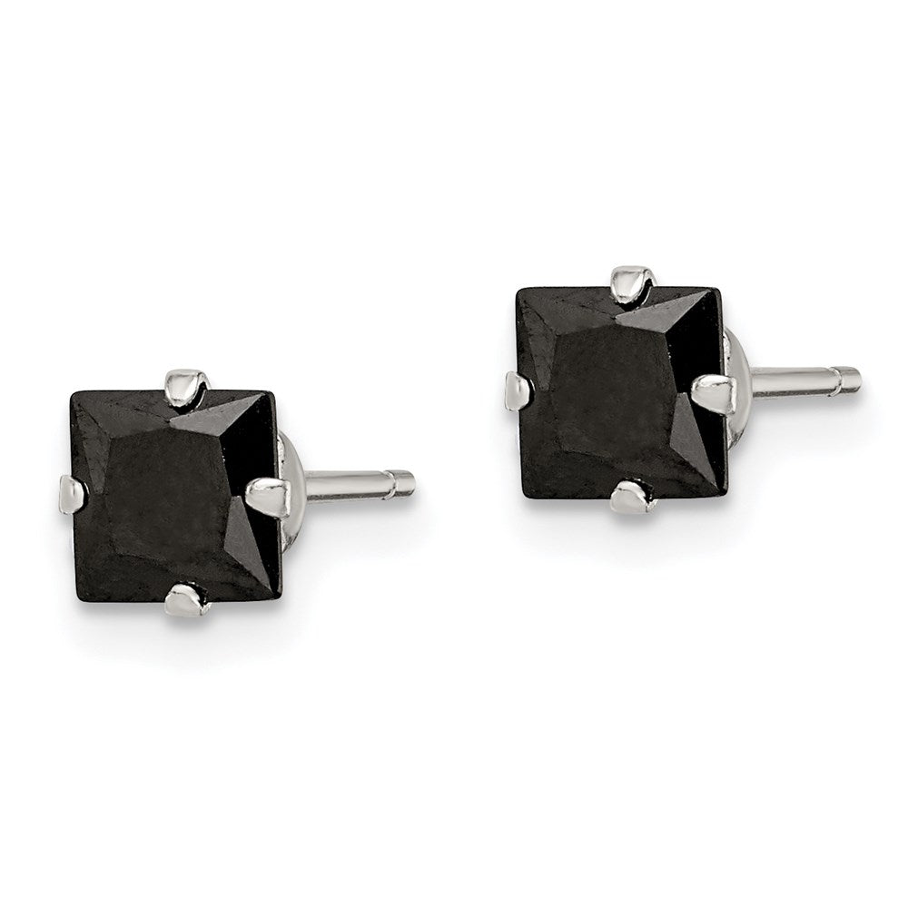 QE9118 Sterling Silver Polished Black Square 5mm CZ Snap-in Set Stud Earrings