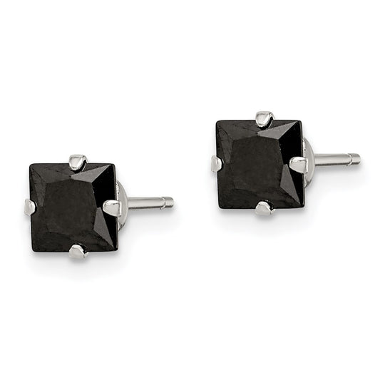 QE9118 Sterling Silver Polished Black Square 5mm CZ Snap-in Set Stud Earrings