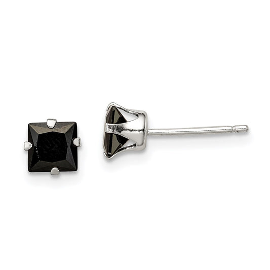 QE9118 Sterling Silver Polished Black Square 5mm CZ Snap-in Set Stud Earrings