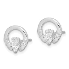 QE9222 Sterling Silver Rhodium-plated CZ Heart Claddagh Post Earrings